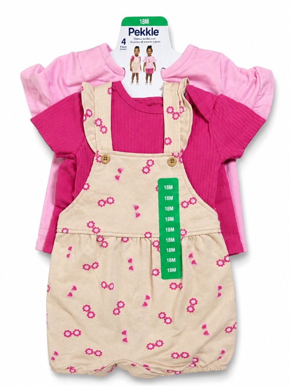 Pekkle Pink Floral Overall Set with Two Pink Tees - 18M